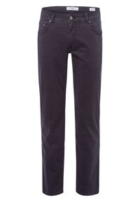 Pantaloni dritti grigio scuro con chiusura a bottone, passanti per cintura e tasche anteriori e posteriori, esposti su sfondo bianco.