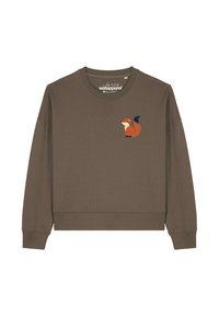 Bruine sweatshirt met een losse pasvorm. Heeft een kleine oranje vosafbeelding aan de voorkant. Gemaakt van zachte stof met een klassieke ronde hals.
