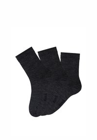 Three pairs of dark gray socks, featuring a ribbed cuff design and smooth texture, made from a soft, durable material.