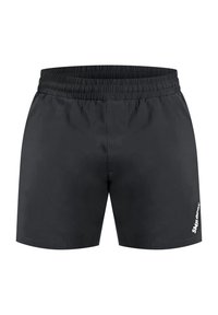 Pantalones cortos deportivos negros con cinturilla elástica. Hechos de un tejido suave y ligero. Presentan un logo blanco en la parte inferior derecha.