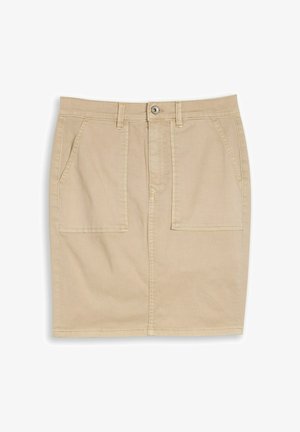 Beiger knielanger Rock mit aufgesetzten Vordertaschen, Gürtelschlaufen und Knopfverschluss am Bund.