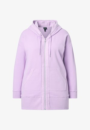 Laventelinsininen vetoketjullinen huppari pehmeästä kankaasta, fleecivuorattu huppu, kaksi etutaskua ja raakapintakäsittely saumoissa.