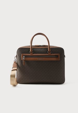 Brown patterned briefcase with tan leather handles, front zipper pocket, and adjustable beige shoulder strap.