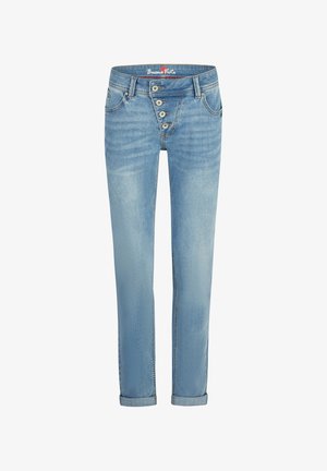 Lichtblauwe denim jeans met een hoge taille, een gulp met vier knopen, voorzakken en opgerolde pijpen.