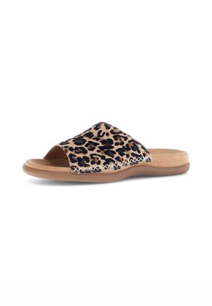 Leopard print slide sandal with a soft suede upper, open toe design, and a flat, textured rubber sole. Features decorative stitching.
