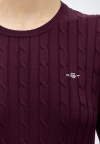 Gros plan d'une personne portant un pull torsadé violet foncé avec un petit logo blanc brodé sur la poitrine.