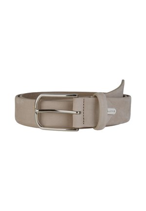 Light brown suede belt with silver metal buckle and stitched loop, rolled up against white background.