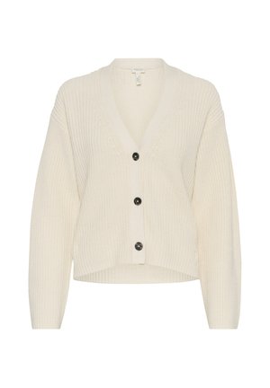 Krémový pletený cardigan s výstrihom do V, oversized strihom a piatimi čiernymi gombíkmi na prednej strane; rebrovaná textúra a dlhé rukávy.