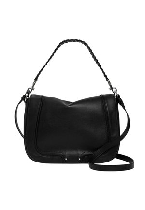 Schwarze Leder-Schultertasche mit geflochtenem Griff und langem verstellbarem Riemen, mit geschwungenen Nahtdetails auf der Vorderklappe.
