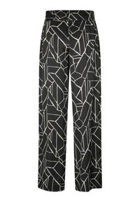 Sorte vidde bukser med et geometrisk hvidt mønster, der har et elastisk taljebånd og glat, let stof for komfort.