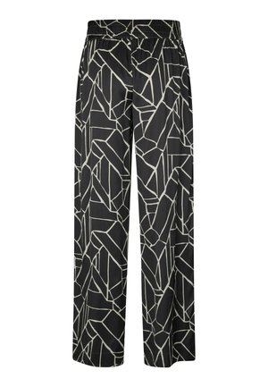 Crne široke hlače s geometrijskim bijelim uzorkom, s elastičnim strukom i glatkim, laganim materijalom za udobnost.