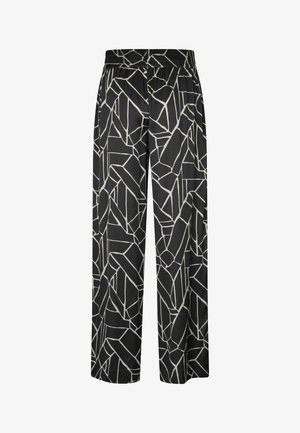 Juodos plačios kelnės su geometriniu baltu raštu, turinčios elastingą juosmenį ir lygaus, lengvo audinio, užtikrinančio komfortą.