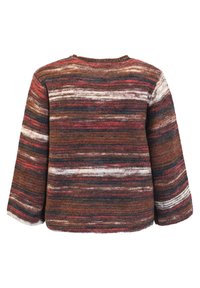 Tröja med långa ärmar i flera färger med randigt mönster i brunt, rött och vitt. Stickad textur, rund halsringning och avslappnad passform.