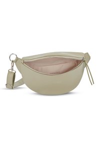 Borsa in pelle beige chiaro con cerniera argento, tracolla regolabile e fodera interna rosa chiaro etichettata "Expatrié."