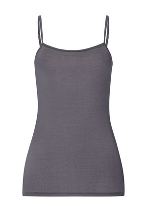 Ärmelloses graues eng anliegendes Tanktop mit dünnen verstellbaren Schulterträgern, glattem Stoff und geradem Ausschnitt.