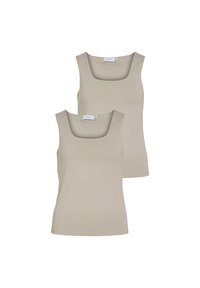 Beige tank tops with a square neckline, made from stretchy fabric, featuring a fitted design. Includes two identical pieces.