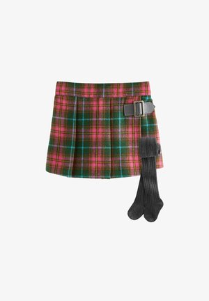 Dryžuota sijonas, žalia, rožinė ir mėlyna, su raukšlėmis ir šoniniu sagtimi; komplekte yra tamsiai pilkos iki kelių kojinės.