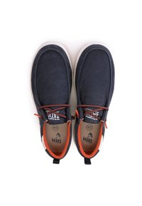 Navy canvas shoes with orange interior and laces; rounded toe; elastic accents; white rubber soles; brand logo on the tongue.