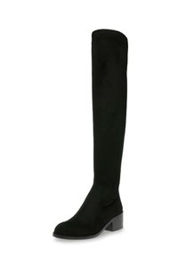 Stivali neri in suede sopra il ginocchio con un leggero tacco a blocco, texture liscia e design aderente che segue l'intera lunghezza della gamba.