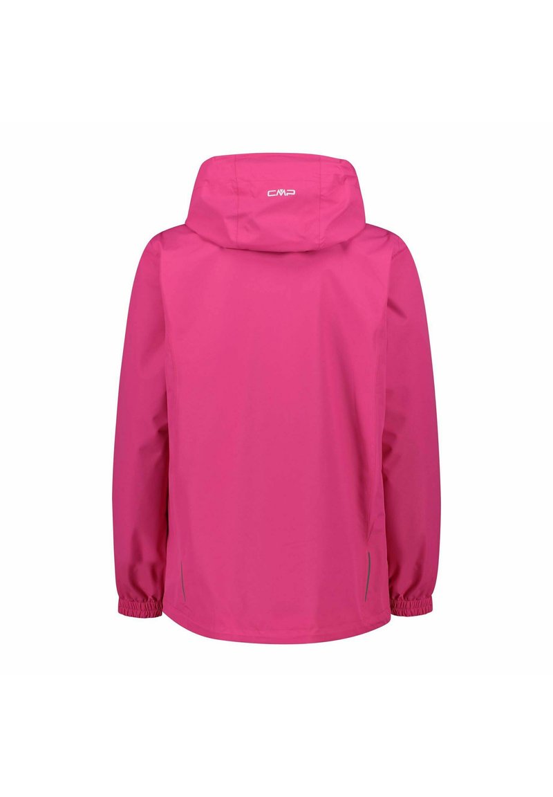 Rosa wasserdichte Jacke mit Kapuze, elastischen Bündchen und seitlichen Taschen. Glatte Textur und einfaches Design, Logo am Hals.