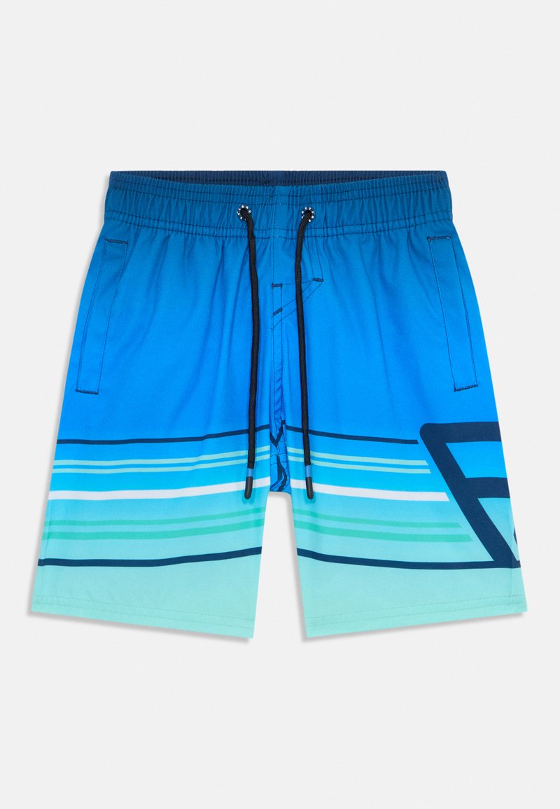 Calções de banho azuis com um design em gradiente, riscas horizontais em tons variados, cintura com cordão ajustável e dois bolsos laterais.