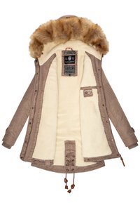 Beige parka met een faux fur-voering in de capuchon, zachte crème binnenkant, voorkant met rits en trekkoorden aan de onderkant. Gelabeld met merkdetails.