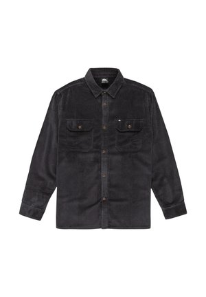 Black corduroy shirt with a collar, button closure, and two chest pockets. Features ribbed texture and brown buttons.