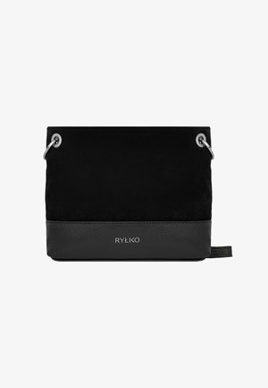 Fekete téglalap alakú válltáska, felső része velúr anyagból, alsó része szemcsés bőrből, ezüst színű szemekkel és a "RYŁKO" márkanévvel a középső elején.