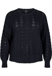 Pull en tricot bleu marine à coupe décontractée, doté d'un motif texturé avec des détails ajourés et des poignets et un ourlet côtelés.