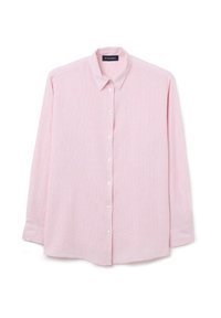 Light pink long-sleeve button-up shirt with a collar, featuring white buttons, a subtle texture, and a straight cut design.
