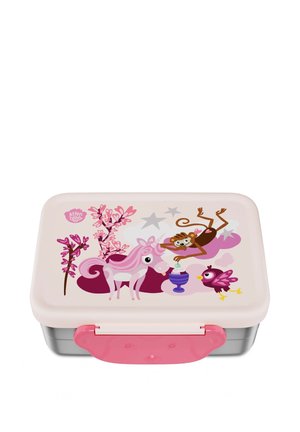Lunchbox mit rosa Deckel, verziert mit einem Einhorn, einem Affen, der an Sternen hängt, einem lila Vogel und rosa herzförmigen Blättern an Zweigen.