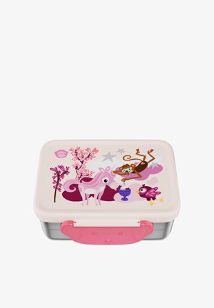 Lunchbox with pink lid featuring a unicorn, monkey hanging from stars, purple bird, and pink heart-shaped leaves on branches.