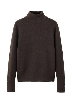 Suéter de cuello alto marrón hecho de tela suave, con cuello acanalado y detalles de botones en las mangas. Diseño clásico y de corte relajado.