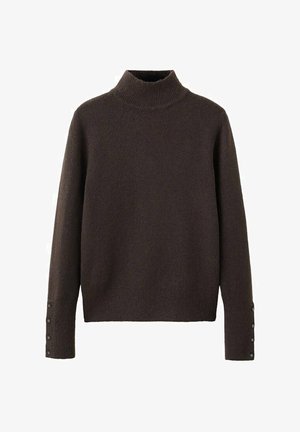 Pull à col roulé marron en tissu doux, avec un col côtelé et des boutons décoratifs sur les manches. Coupe classique et décontractée.