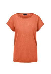 Korte mouw t-shirt van zacht, textuurachtig oranje stof, met een ronde halslijn en een relaxte pasvorm. Geen zichtbare patronen of hardware.