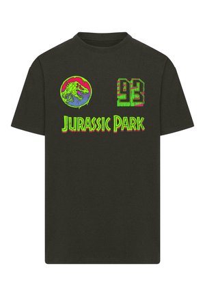 Fekete pamut póló élénk zöld, rózsaszín és kék grafikával, melyen egy dinoszaurusz és a "Jurassic Park" felirat látható, az oldalán pedig a "93" szám.