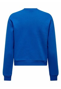 Felpa blu, in misto cotone, colletto a girocollo, polsini e orlo a coste, texture liscia, colore uniforme senza motivi o accenti. Vista posteriore.