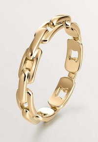 Pulsera de eslabones de oro con eslabones lisos y redondeados y acentos calados, con un acabado pulido y una forma circular.