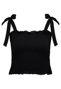 Top corto nero con texture arricciata, caratterizzato da un collo con volants e spalline regolabili in raso sulle spalle. Finitura in tessuto liscia.