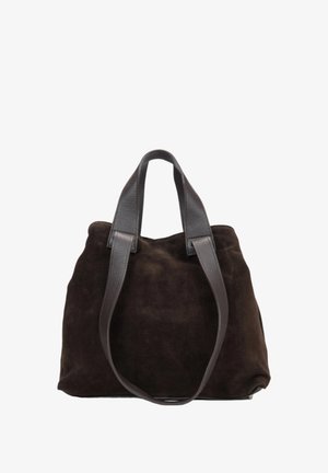 Bruine suède tote bag met donkere leren handvatten, met een zachte textuur en een eenvoudig, onopvallend ontwerp. Ideaal voor dagelijks gebruik.