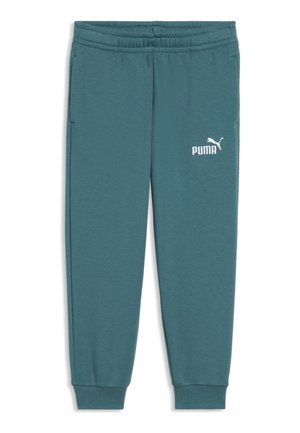 Pantalones deportivos Puma azul verdoso con cintura elástica, bolsillos laterales, puños en los tobillos y logo blanco de Puma en el muslo izquierdo.