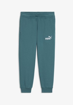 Pantalones deportivos Puma azul verdoso con cintura elástica, bolsillos laterales, puños en los tobillos y logo blanco de Puma en el muslo izquierdo.