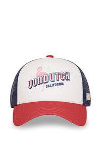 Casquette trucker blanche, marine et rouge avec le texte « VON DUTCH CALIFORNIA » et un léger motif de flamant rose sur le panneau avant.