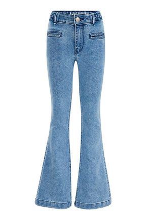 Hellblaue Jeans aus Denim mit vorderen Schein-Taschen, Knopf- und Reißverschluss sowie ausgestellten Beinen.