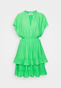 Robe courte verte en tissu léger, avec un ourlet à volants, des manches courtes, un décolleté en V et une taille élastique pour un ajustement parfait.
