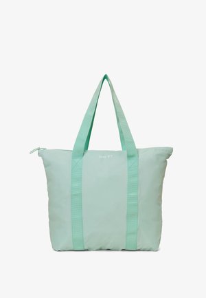 Borsa tote verde menta con un'esterno in nylon liscio, dotata di manici spessi e piatti e chiusura con zip. Nome del marchio "DAY ET" stampato sulla parte anteriore.