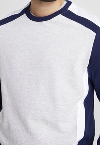 Felpa grigia con accenti blu navy sulle maniche. Presenta un colletto a girocollo e un tessuto testurizzato, con una striscia bianca a contrasto lungo il lato.