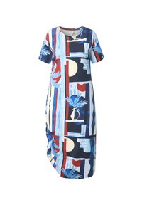 Robe midi à manches courtes avec des motifs abstraits géométriques et floraux en bleu, rouge, blanc et noir sur un tissu lisse.