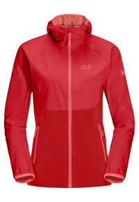 Giacca impermeabile rossa con cappuccio, caratterizzata da design a pannelli a contrasto, tasche con zip e polsini elasticizzati. Texture liscia con fodera a rete.