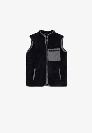 Zwarte fleecvest met hoge kraag, grijze accenten, een ritsborstzak en twee zijzakken. Pluche textuur en open voorzijde ontwerp.